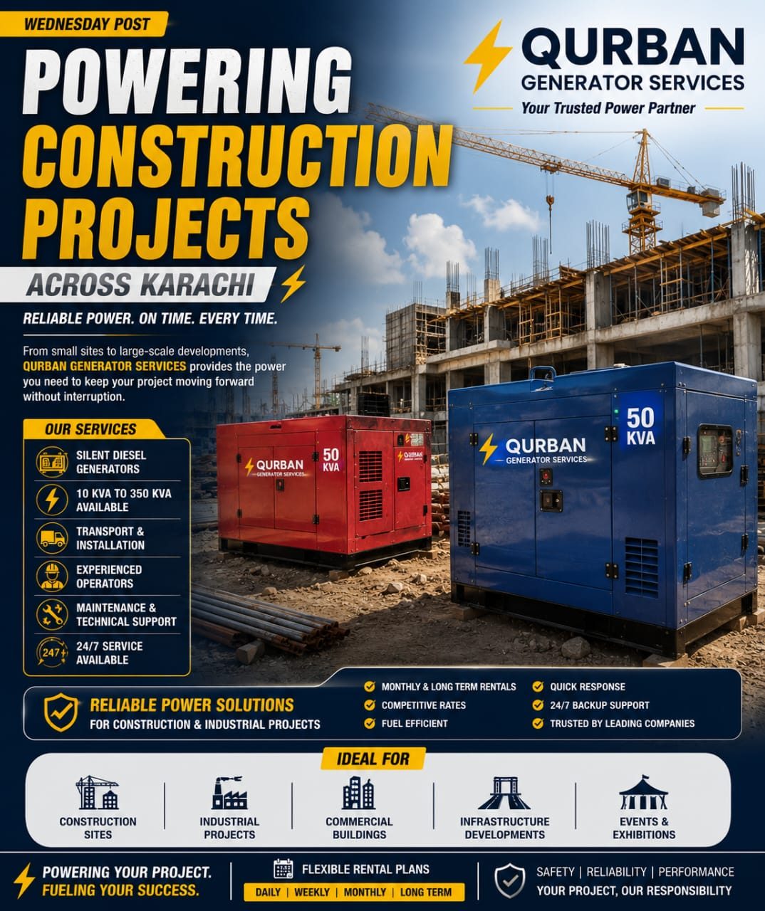 50 KVA generators powering a construction project in Karachi