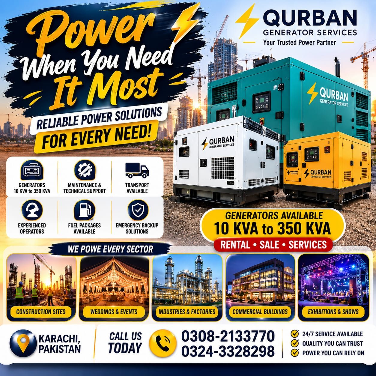 Qurban Generator Services powering every sector in Karachi